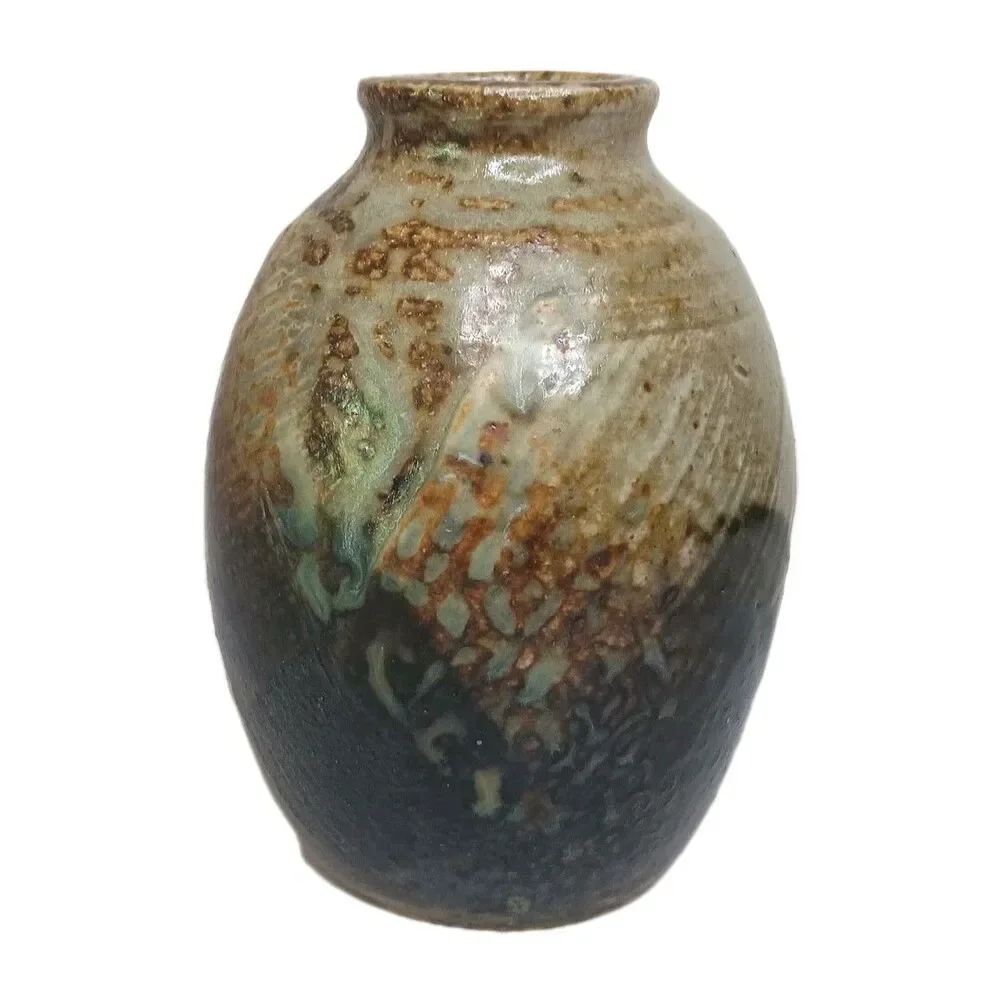 Studio Art Pottery Vase Stoneware Glazed Bud Vase Grey Brown Rust  4” X 2.5